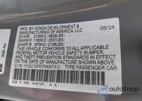 2024 Honda Accord Hybrid Ex-L from USA, damaged, VIN 1HGCY2F67RA067412